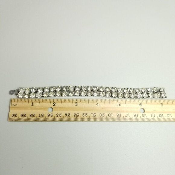 Vintage Rhinestone Two Row Bangle Bracelet, Silver Tone Prong Set, Retro Estate - Picture 4 of 6